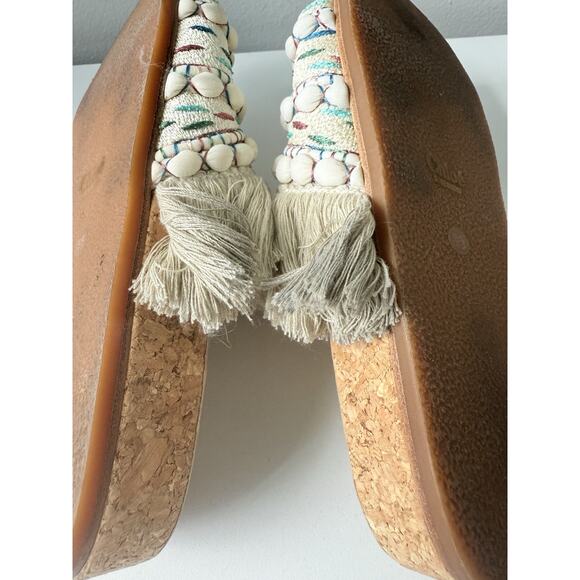 Chloé Nolan Tapestry Fringe Slides Sandals Size 36 Beige Boho Raffia Beaded Trim - Picture 13 of 14